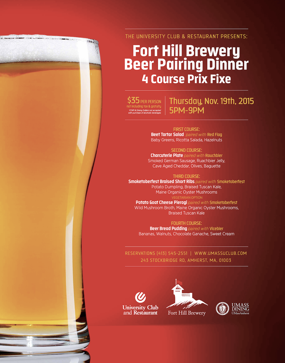 We’re hosting a 4 course prix-fixe beer pairing dinner featuring <a href="/FortHillBeer/">Fort Hill Brewery</a> on Thurs, 11/19! (413) 545-2551