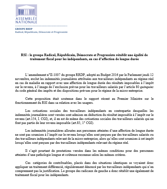 RRDPdep's tweet photo. [CP] RSI: #RRDP rétablit une égalité de traitement fiscal pour les indépendants, en cas d’affection de longue durée https://t.co/6F4ZD5JX4M