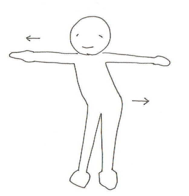 まっすぐに立って
手を横に広げます
肩と腰を反対にひっぱりあいます

ゆっくりぐぅ～っと伸ばすのもいいですし
リズミカルに動かすのも効いてくると思います 
