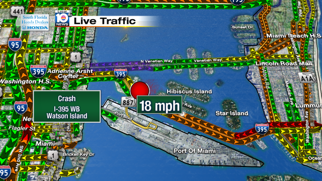 Crash on I-395 WB at Watson Island. Speeds at 18mph #traffic #miamibeach @JeniseFernandez https://t.co/gOh1GJZ9wq