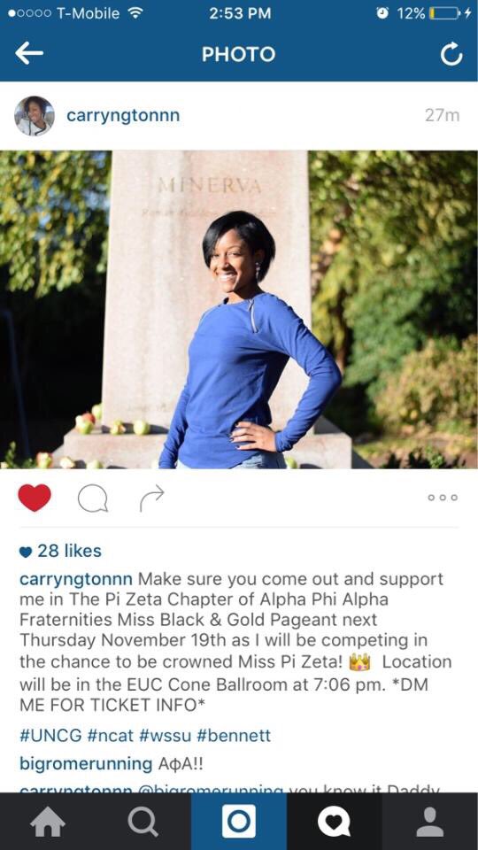 niyasheartndsol's tweet photo. π #AlphaPhiAlpha #PiZeta #MissBlackAndGold #UNCG Nov.19, 7:06pm. π Be there to support @carryngtonnn !! https://t.co/Hil37haQfe