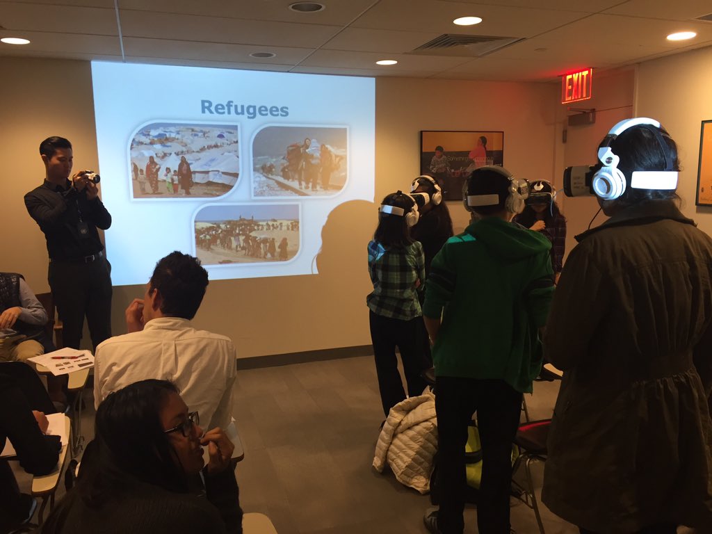 SDGaction's tweet photo. 13 year olds from @IS125Q experience Sidra's story w/ @UN visitors center #Cloudsoversidra #VR4Dev #childrenofsyria https://t.co/QtcHvvHinc