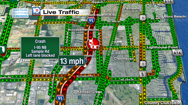 Crash on I-95 NB at Sample Rd. Left lane blocked. Speeds at 13mph #traffic #pompanobeach @JeniseFernandez https://t.co/SQ5F2EDmeX