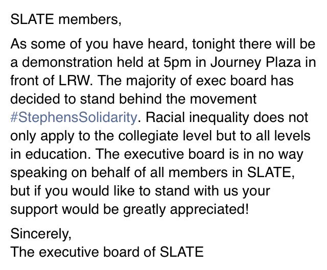 StephensSLATE's tweet image. Racial inequality in education is prevalent everywhere!! SLATE Exec board is standing with #StephensSolidarity