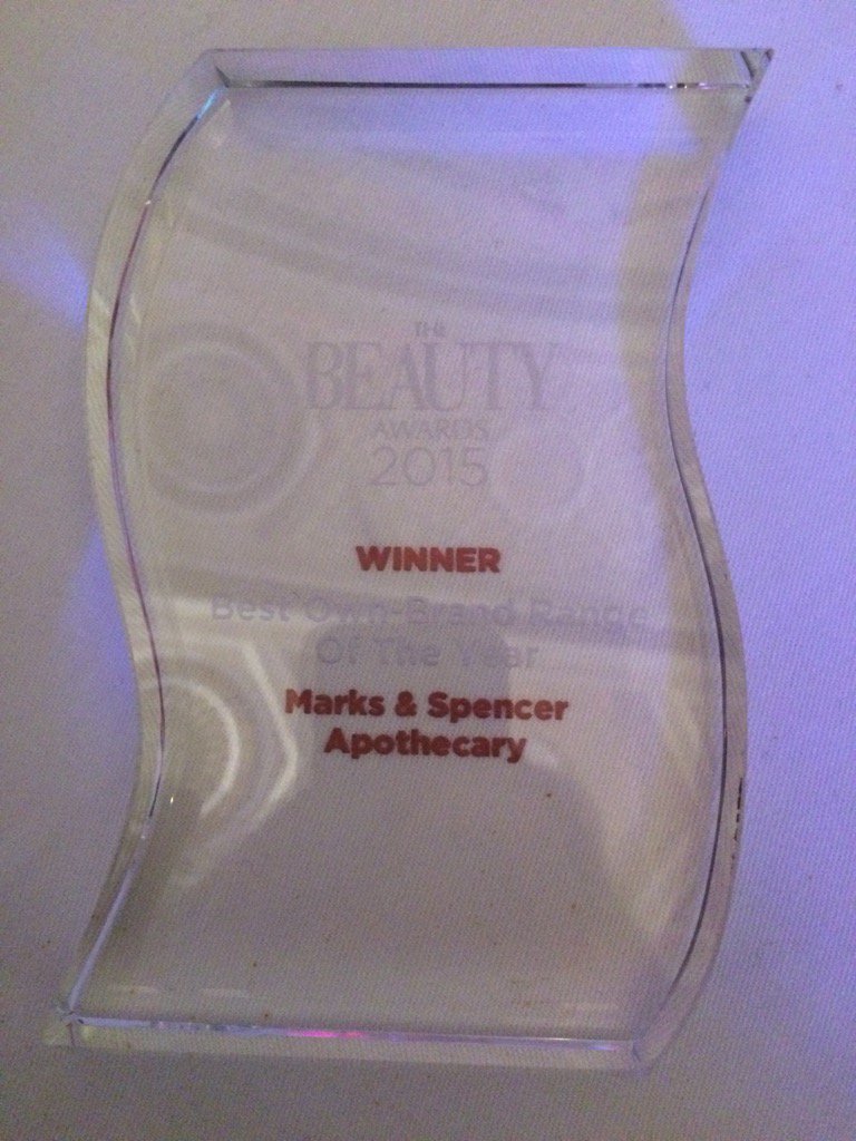 And another... Winner of Best Own-Brand Range of the Year is M&S Apothecary #BeautyAwards15 @marksandspencer