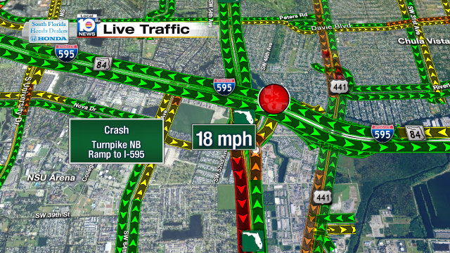 Crash on Turnpike NB at I-595 ramp. Speeds at 18mph #traffic #broward @JeniseFernandez https://t.co/ah4MyqCehy