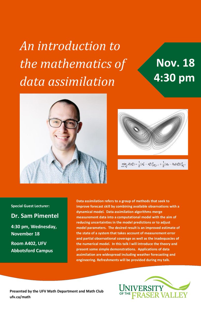 UFVMSA's tweet photo. Guest lecturer Dr. Sam Pimentel will be giving a talk on data assimilation on Wed., Nov. 18 in room A402 at 4:30 pm. https://t.co/Km2jOKMlOW