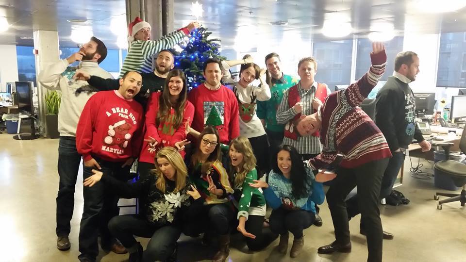 HasOffers's tweet photo. 'Tis the season for this #TBT of last year's #HasHoliday tree and #UglySweater celebration! #TUNEbackThursday https://t.co/1D9v9W6rqg