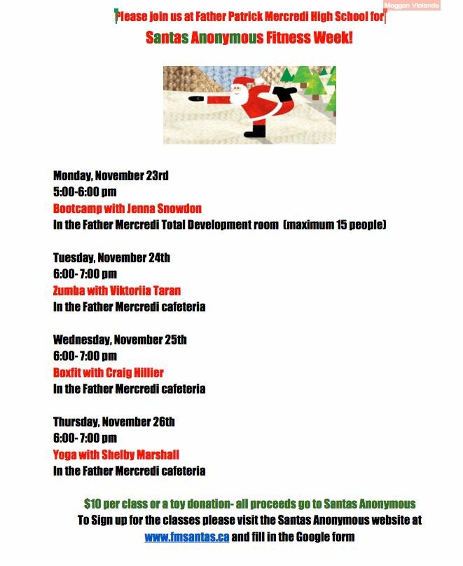 FMsantasanon's tweet photo. Join us for fitness week at Father Merc. Boot camp, Zumba, boxing and yoga! All proceeds go to Santas Anonymous! RT https://t.co/oksYVdtrbW