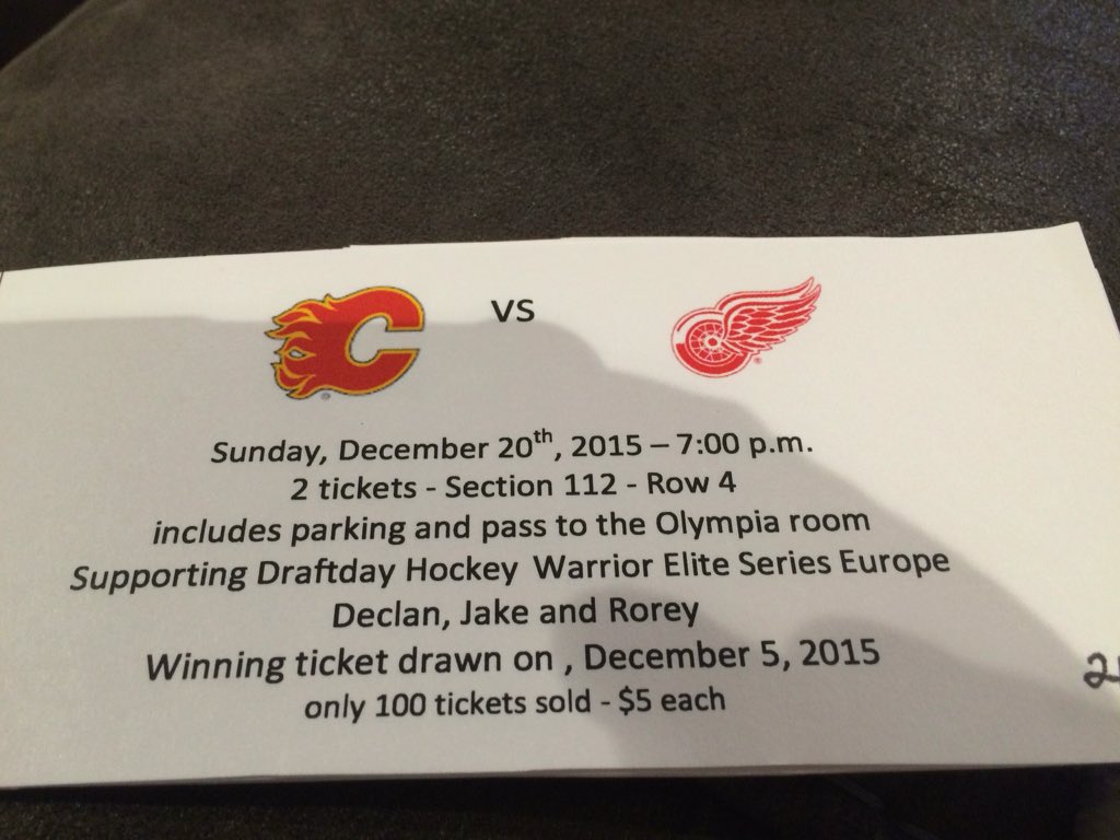 Draw for Flames/Redwings 2 Lower Bowl Tickets Row 4 sec 122. $5 each only 100 tickets being sold. See TJ  play!