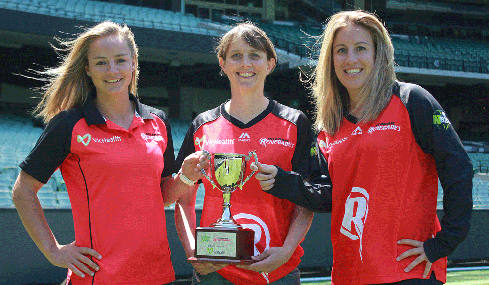 RenegadesWBBL's tweet photo. Welcome to new partner @VicHealth, new signing @breebinch, @Danni_Wyatt and new captain @sarah_elliott! #getonred https://t.co/eP7ZM56AiR