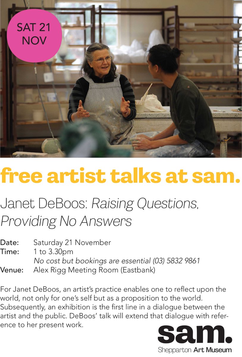 SAM_Shepparton's tweet photo. Free Artist Talks:
Join artist Janet DeBoos in conversation at SAM on Saturday 21 November.
#SAMPublicProgram https://t.co/ItgCfTQhHL