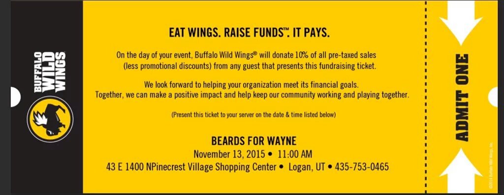 D_Ricky1's tweet photo. YO! I know where you should eat tomorrow! Hit up B Dubs and support @BeardsForWayne! #Beards4Wayne #USUTwitterCrew https://t.co/KKKTCiVweo