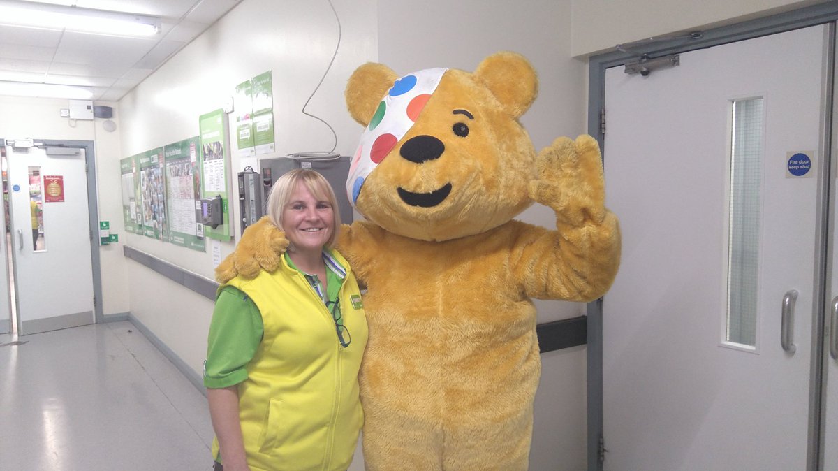 Lydia saying bye to Pudsey as he sets off to visit Broadfield Primary School #asda rochdale