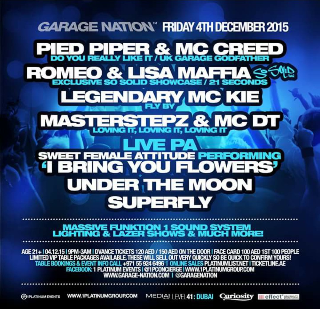 <a href="/1PLATINUM_EVENT/">1Platinum Events</a> PRESENTS <a href="/GarageNationUAE/">GARAGE NATION DUBAI</a> 4th DEC <a href="/MediaOneHotel/">Media One Hotel</a> FT <a href="/RomeoLondon/">Romeo</a> <a href="/Lisamaffiauk/">LISA MAFFIA</a> <a href="/1MCDT/">MC DT</a> &amp; MORE! 🔊🔊🔊