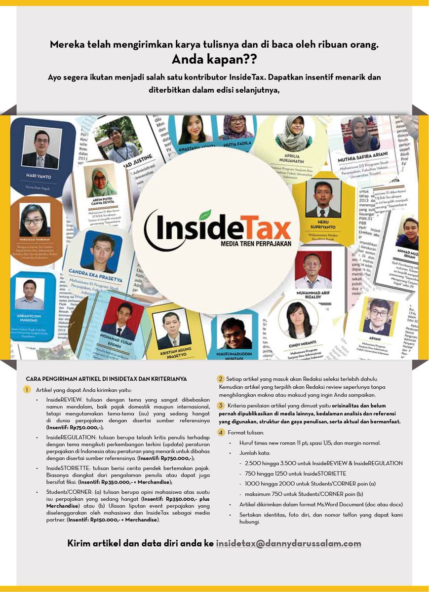 DDTCIndonesia's tweet photo. Ayo jadi kontributor Majalah #InsideTax!
https://t.co/D71r5zmKCu
cc: @suluhpajak
@pajak_news
@pajakRI https://t.co/zmTBCDFB92