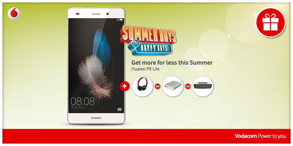 Vodacom's tweet photo. Get a Huawei P8 Lite &amp; one of three gifts in our #HappyDays summer deal: https://t.co/JvuucUkl5a https://t.co/m60ePfhi9C