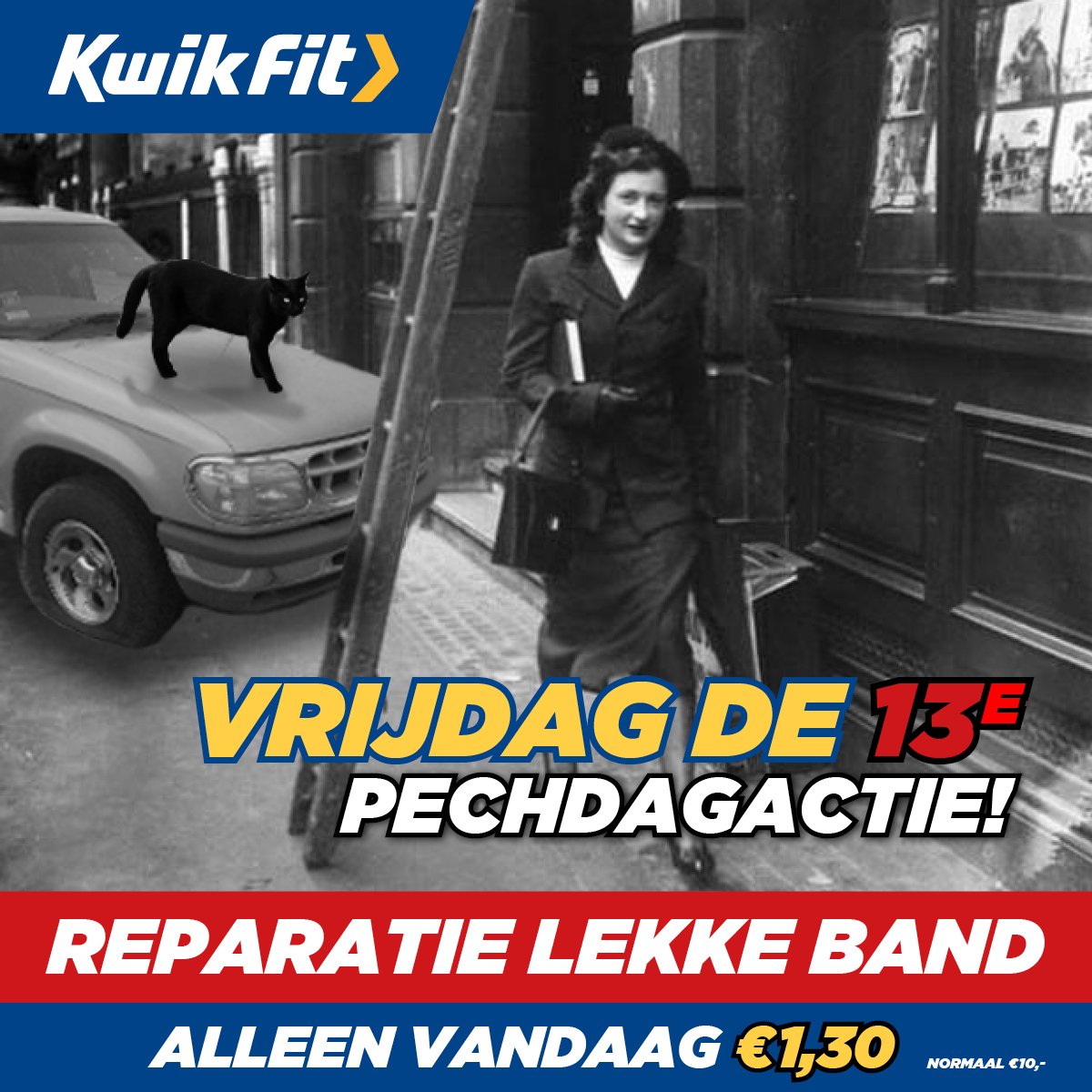 kwikfit's tweet photo. Pechvogels opgelet! Alleen vandaag repareren we jouw lekke band voor maar €1,30. Lucky you! #vrijdagde13e https://t.co/dHGoNWbdxm