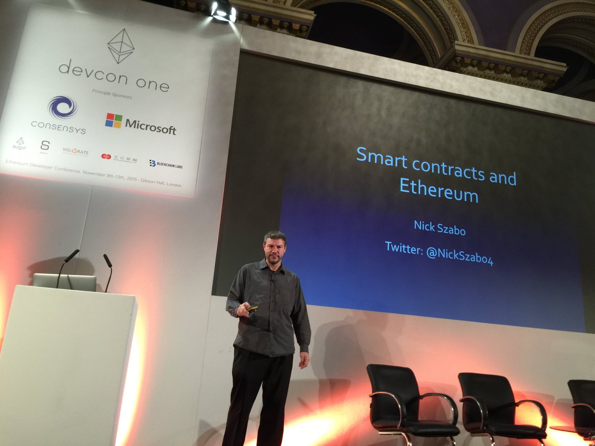 ethereum's tweet photo. .@NickSzabo4 takes that stage to kick off day 5 of Ethereum’s DEVCON1 presenting on Smart Contracts and Ethereum https://t.co/4ONJLfndFU