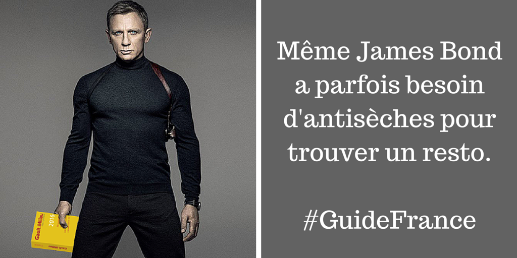 gaultmillau's tweet photo. C'est #Vendredi13 🍀 Tentez votre #chance et gagnez un #GuideFrance 2016 > https://t.co/ILYdWdOFR5 #JamesBond https://t.co/O5E4TcnzyB