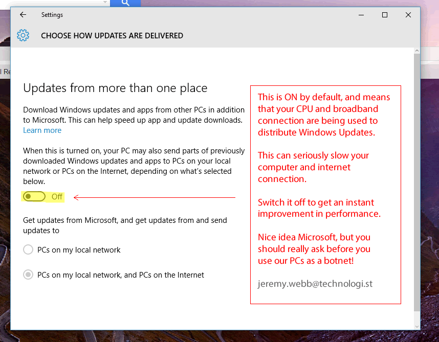 Twit for Third (@twitfor3rd) on Twitter photo RT <a href="/jezweb/">Jeremy Webb</a>: Windows 10's dirty secret - your CPU & broadband used to distribute Windows updates. How to switch off RT <a href="/jezweb/">Jeremy Webb</a>: Windows 10's dirty secret - your CPU & broadband used to distribute Windows updates. How to switch off