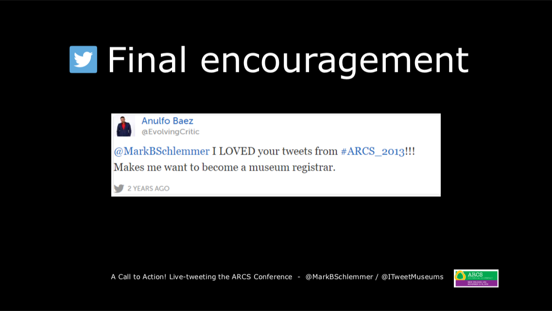 MarkBSchlemmer's tweet photo. Final encouragement to get #ARCSconf attendees to tweet. You never know who you’ll influence, right @EvolvingCritic? https://t.co/q4dhoLGS36