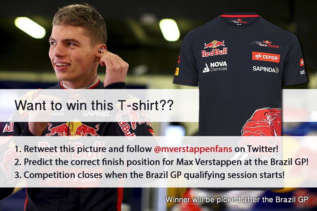 F1Maximaal_nl's tweet photo. GO GO GO!! Win this cool @Max33Verstappen Toro Rosso T-shirt! RT, Follow us and predict!! Good luck! #BrazilGP #F1 https://t.co/PWVb5plmin