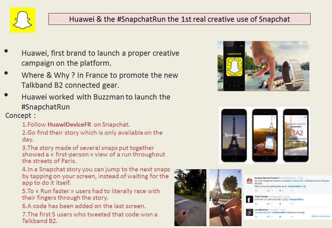 Clem_Codina's tweet photo. Review of the first real creative use of Snapchat - @huaweidevicefr & the #SnapchatRun ! @BUZZMAN_TIME #TalkbandB2 https://t.co/y7bVtwaYWl