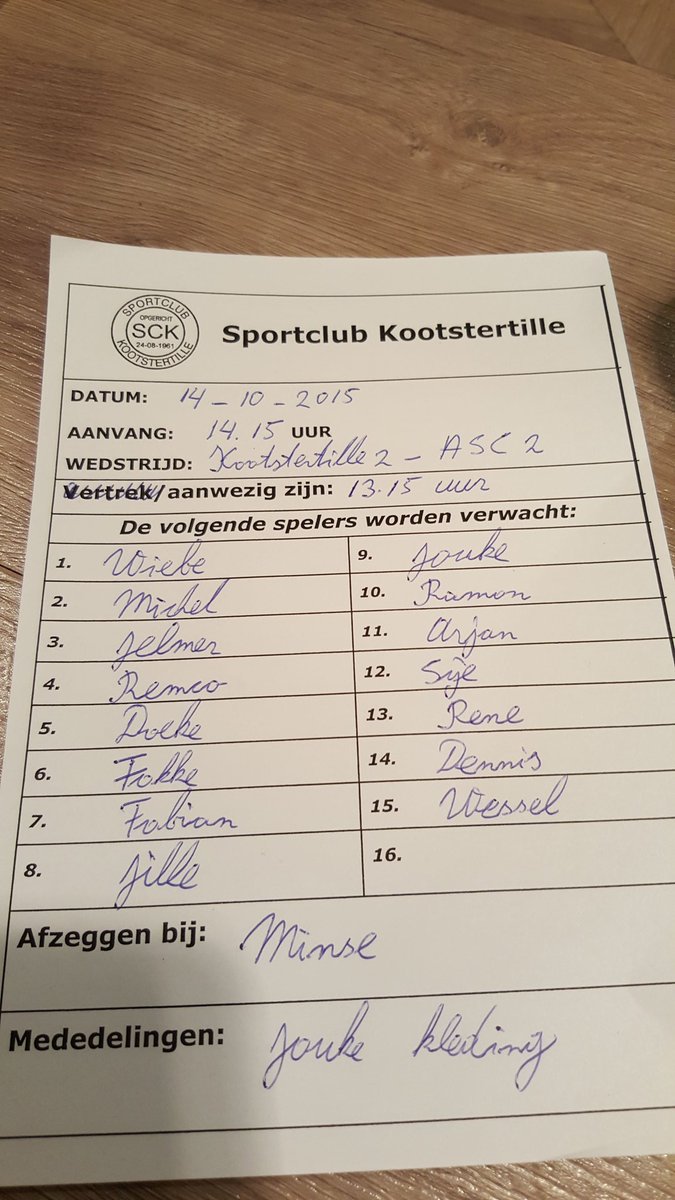 kootstertille2's tweet photo. 14 november een thuiswedstrijd tegen VV ASC '75 2, de volgende spelers worden verwacht. https://t.co/fFu28IZsnK