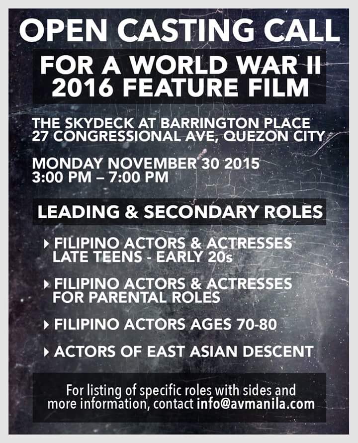AVManila's tweet photo. Become involved in our next project! Be a part of reviving Philippine World War II history! #film #audition https://t.co/UJhiG4hGmp