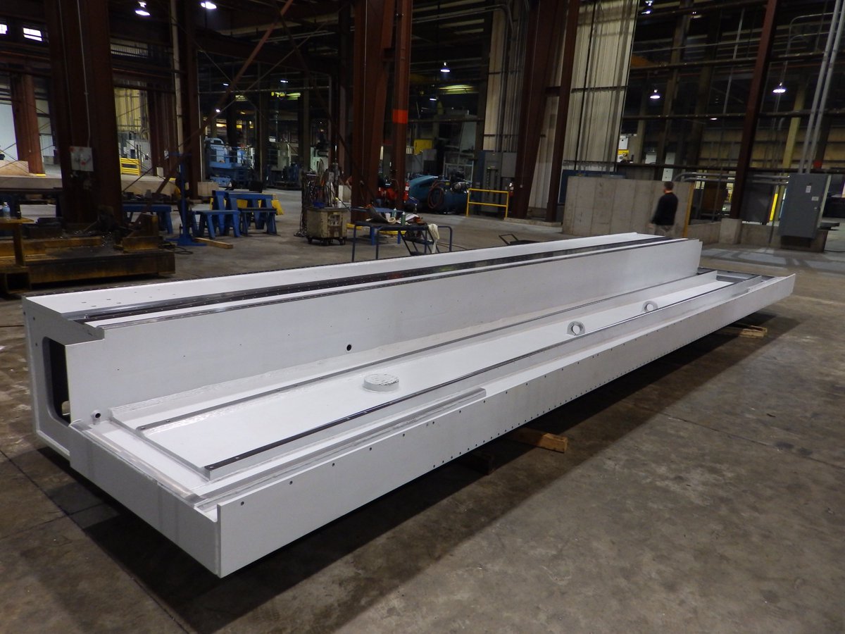 KMMachineFab's tweet photo. CNC grinder base 354 in X 78 in.  Top rails flat to 0.0005 in.  All rails parallel to 0.001 in. #MACHINING https://t.co/XM6xt6JPKw
