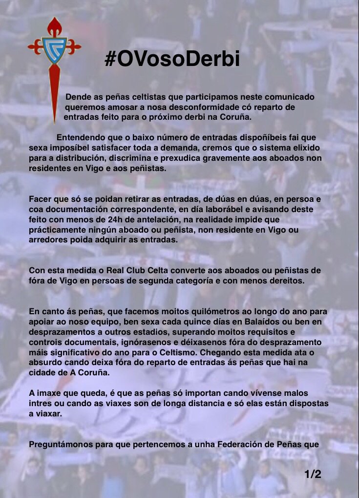 merlegosRCCV's tweet photo. Comunicado oficial de Peñas Celtistas sobre o reparto de entradas para o derbi #OVosoDerbi https://t.co/0d0fjXBU5w
