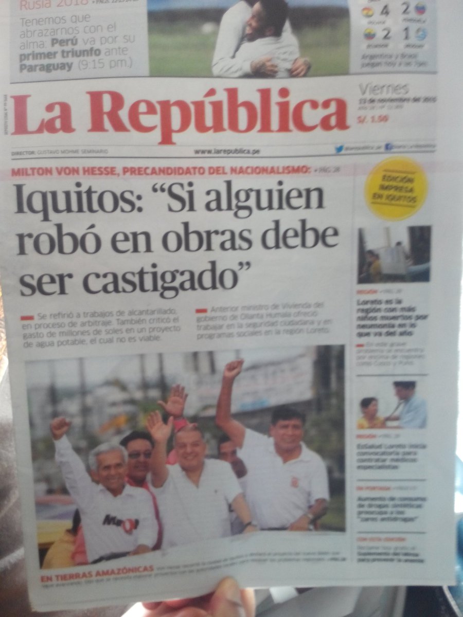VonHesseMilton's tweet photo. Hoy en @larepublica_pe edición oriente... #transparencia #MiltonEsObras #SomosIquitos @pnacionalistap https://t.co/zOoe57x9WC