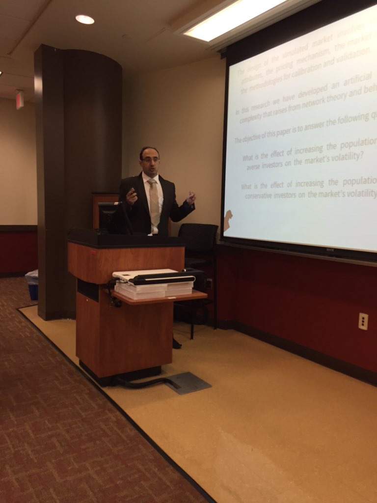 SmithCCB's tweet photo. Talal Alsulaiman discussing heterogeneous behaviors and direct interactions in artificial stock markets #ccb2015 https://t.co/NfEdS3rJcY