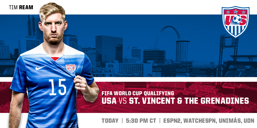 USMNT's tweet photo. It's GAME DAY! #RoadToRussia begins at 5:30pm CT v St. Vincent &amp; The Grenadines.

ESPN2, @UniMas, UDN 

#1N1T #WCQ https://t.co/KUaHLeX42b