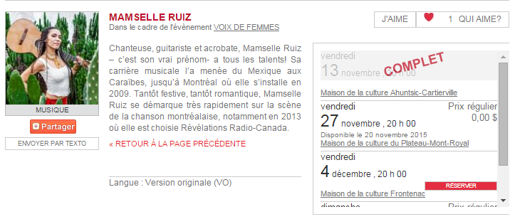 accesculture's tweet photo. COMPLET pour @MamselleRuiz à #Ahuntsic. Réservez vos billets à @LePMR ou #MDCFrontenac! https://t.co/OPs4M5OLb0 https://t.co/1Iw0fEoXau