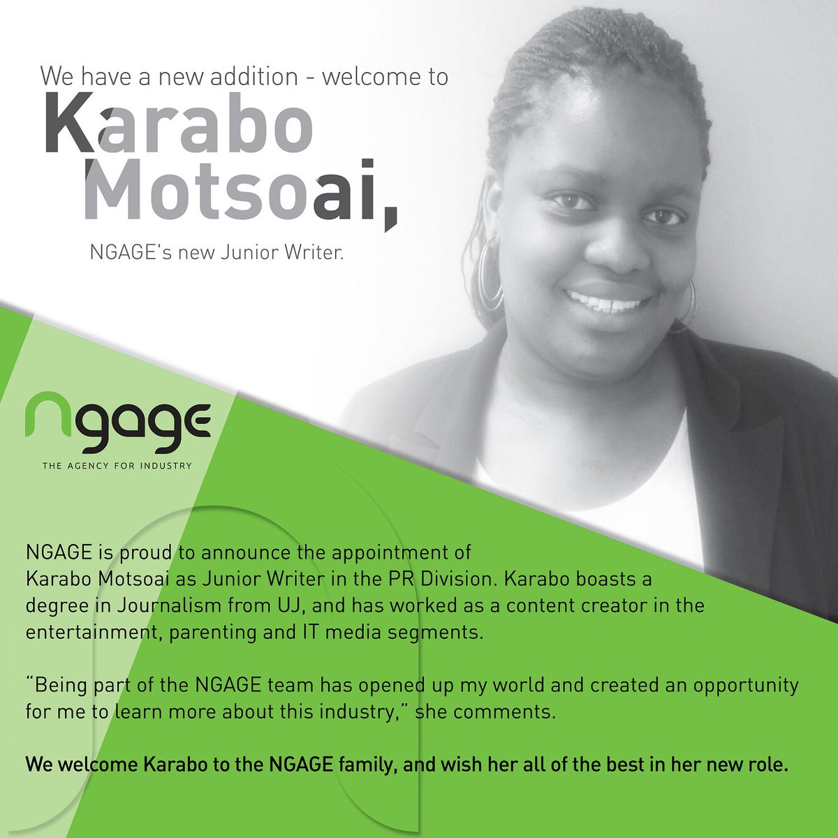 ngageeveryone's tweet photo. A warm welcome to Karabo Motsai, #juniorwriter, to the @ngageeveryone family. https://t.co/uzPL9uAex3