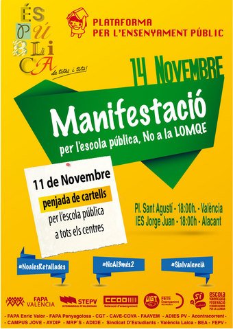 MareaGrogaPV's tweet photo. El 14N tornem al carrer per exigir la derogació de la LOMCE i la retirada de les retallades #14NJoHiVaig https://t.co/fN3H6HlvoU