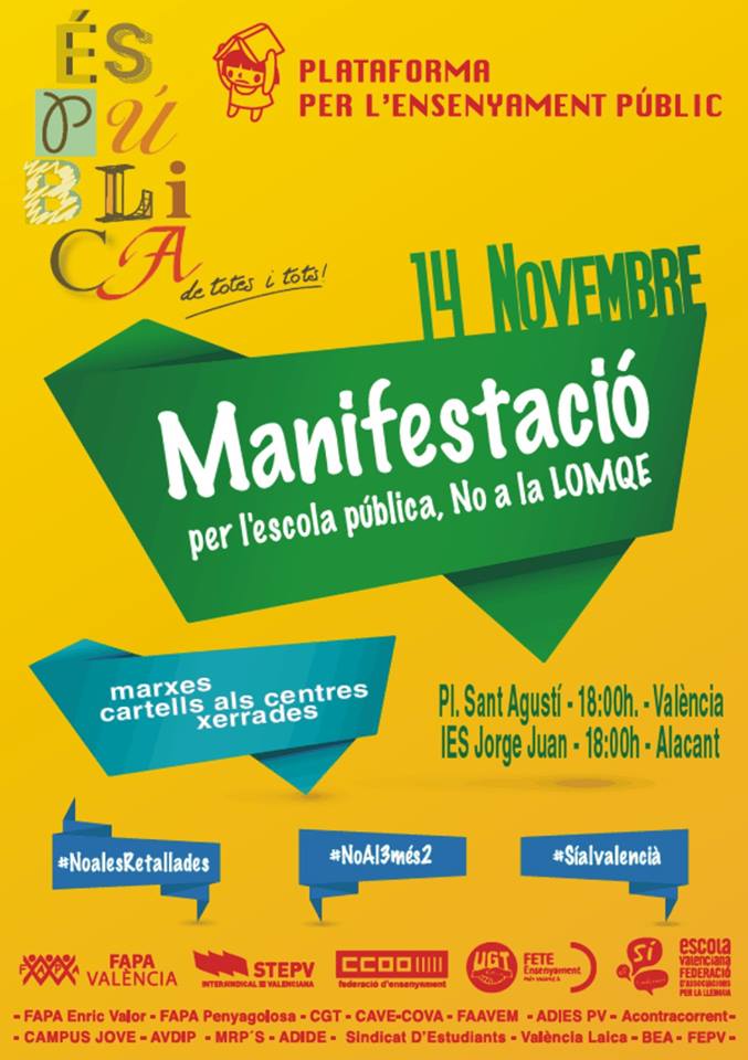 MareaGrogaPV's tweet photo. Demà a Valencia i Alacant cridarem fort per una escola pública de qualitat, laica i en valencià 14NJoHiVaig https://t.co/SP5Av4YsCs