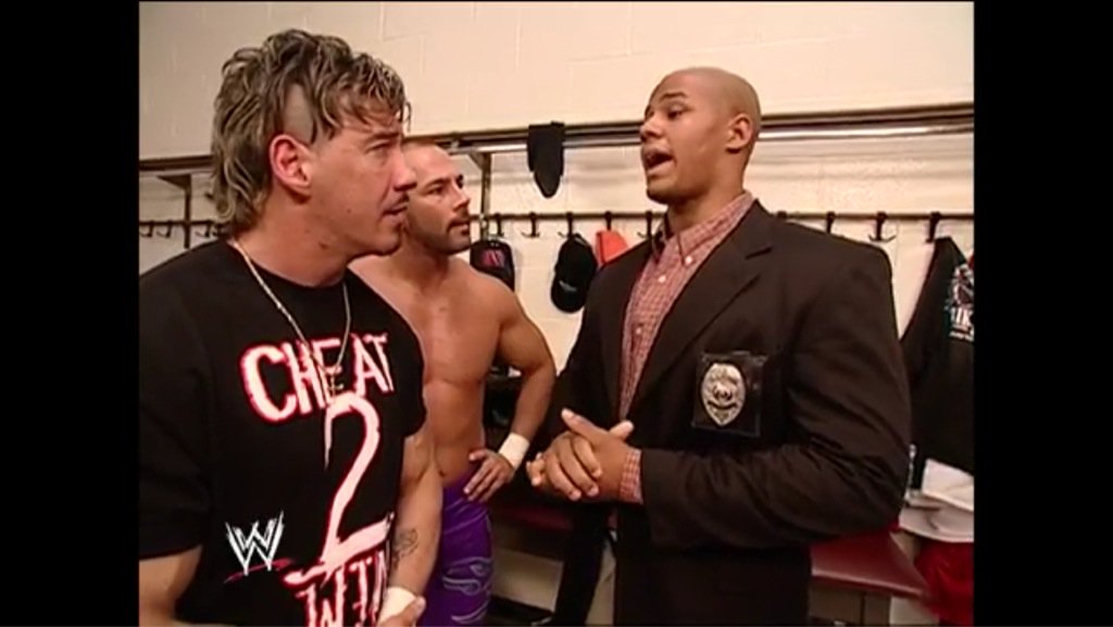 OldSchoolSD's tweet photo. 12 Years Ago: Eddie Guerrero is tricked out of the building by a fake cop, leaving @mexwarrior in a handicap match. https://t.co/XGbMKxUIpn