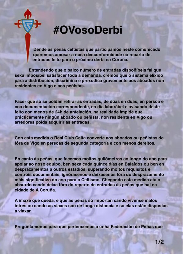 bueuceleste's tweet photo. "Comunicado oficial de Peñas Celtistas sobre o reparto de entradas para o derbi" #OVosoDerbi @rccelta_oficial https://t.co/ZQuvvSjUUC