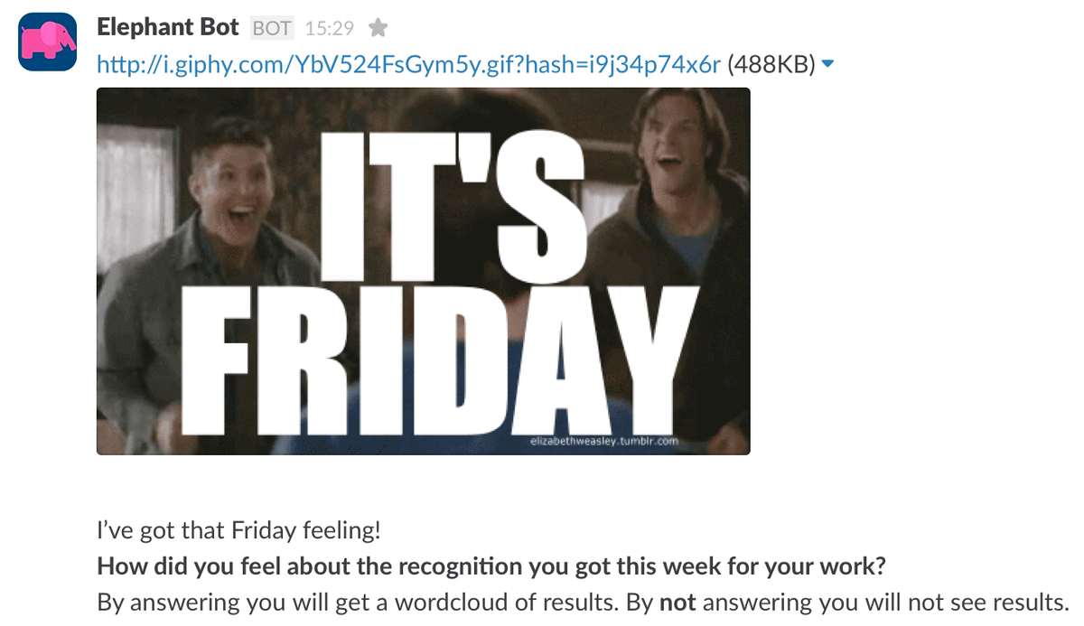 elephantchatbot's tweet photo. I grew a feature today! Thx @nikbrb + @sndyrgrs :) Start &amp; mid &amp; end-of-week questions to get your @SlackHQ chatting https://t.co/GMCGXTmjIE