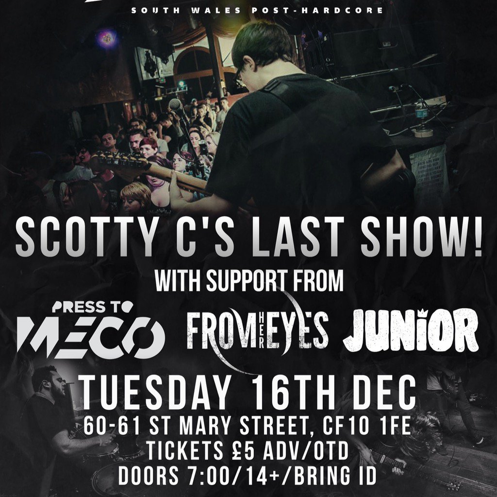 Cardiff! We just announced Scott's last show. 16/12/15. Support from @PresstoMECO <a href="/FromHerEyesUK/">From Her Eyes</a> &amp; <a href="/Musicofjunior/">Junior</a>.
