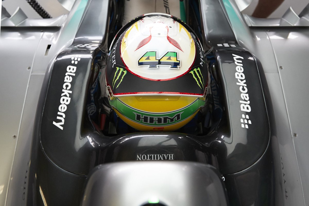MercedesAMGF1's tweet image. #LH44: "It's an honour to wear Ayrton's colours this weekend and to get a win would be extra special" #F1 #BrazilGP