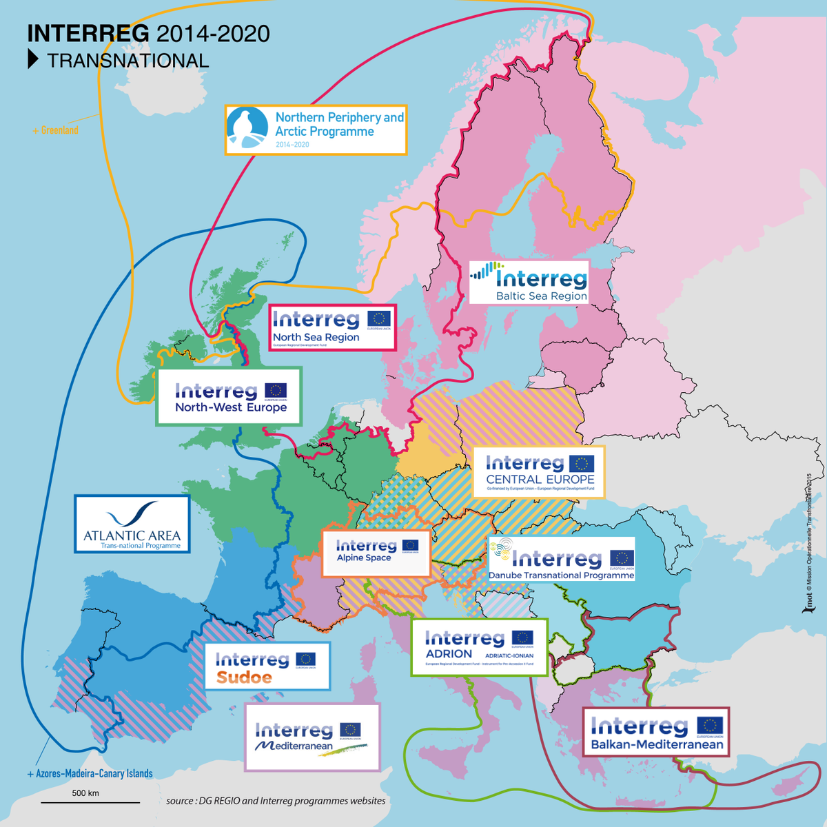 reseauMOT's tweet photo. Map of #Interreg 2014-2020 transnational programmes and their logos #EUCB #Interreg25 #communication #Europe #FT https://t.co/d6Y8Q0MBCi
