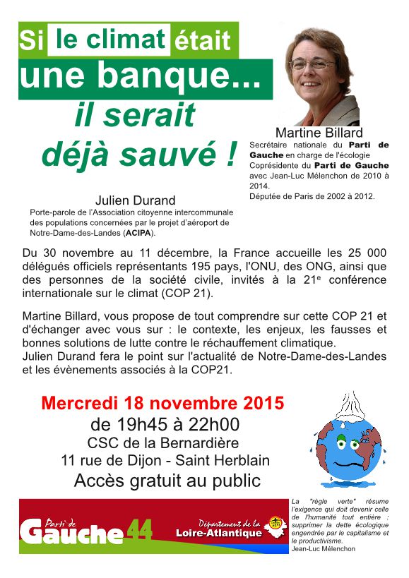partidegauche44's tweet photo. Martine Billard à Saint Herblain le 18 novembre pour échanger sur la COP 21 https://t.co/cQuLXUn1VI #pg44 #PG https://t.co/oVkzXtWiEm