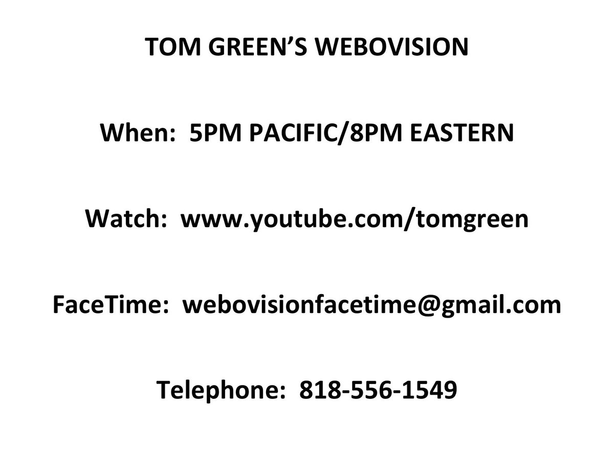 tgwebovision's tweet photo. TODAY on @tomgreenlive WEBOVISION! @MikeSingsSongs hosts w/@DianeFranklin80 &amp; @JPincorporated 5PM PT!  Call us LIVE https://t.co/G77W4LIZJu