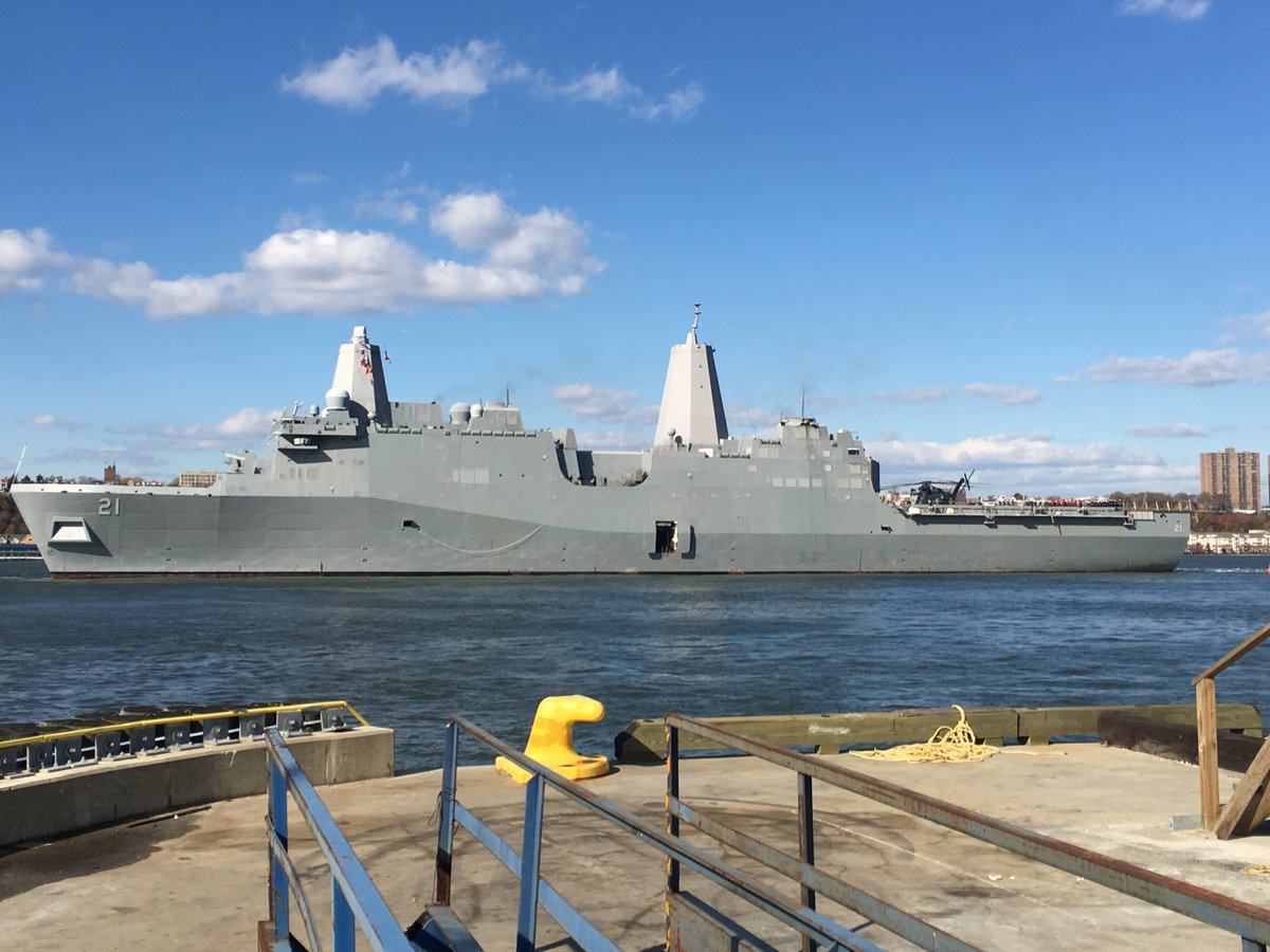 Forged with 7.5 tons of steel from the #WTC the #USSNewYork made its way through NY Harbor this morning.