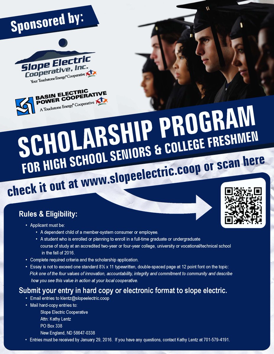 SlopeElectric's tweet image. The 2016 scholarship applications are now available! See our website for more information - slopeelectric.coop/Programs/Schol…