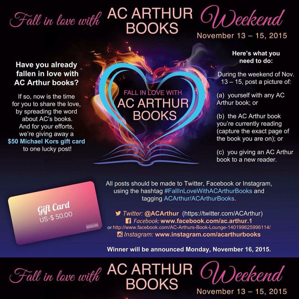 bibliophile1211's tweet photo. @ACArthur's #FallinLovewithACArthurBooks weekend is here!!! #ContestAlert https://t.co/LsW2eGPssU